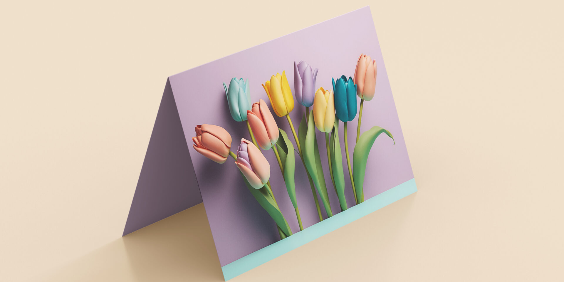 Bright pastel violet postcard with 3d tulips on it standing open on bright beige background