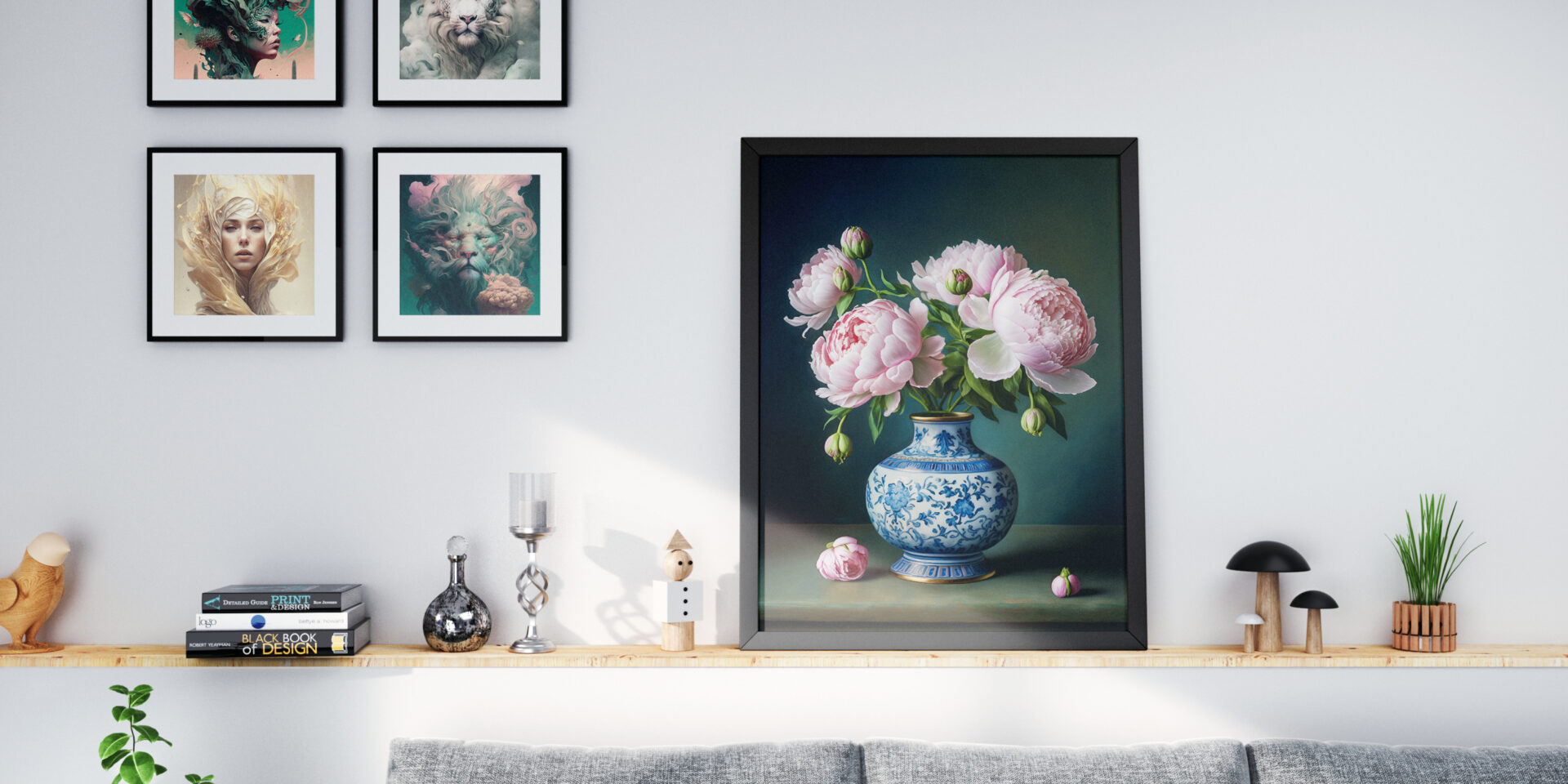 Framed picture with pink flowers in a porcelain vase standing on a shelf in a room with modern interior and some accessories