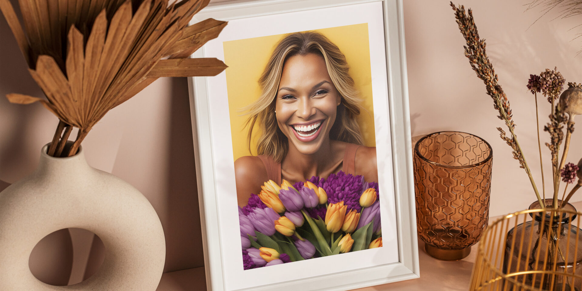 Framed photo of a woman leaning on a wall next to a vase with dry plant and other accessories. Cream color scheme