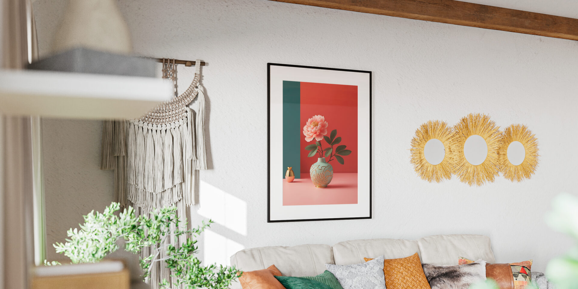 Framed photo of pink blossoming begonia in a vas hanging on white wall in a room with bright rustic interior