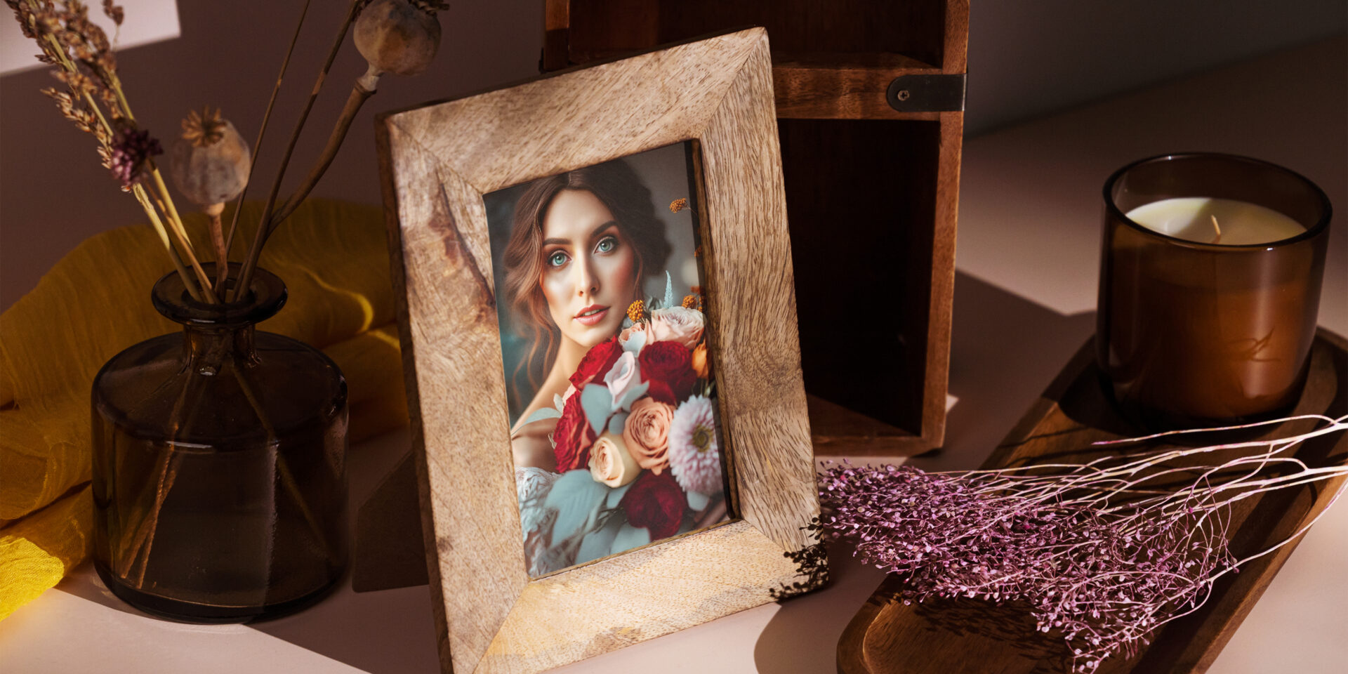 Wooden frame with a picture of a beautiful redheaded woman holding a bouquet of roses and begonias.