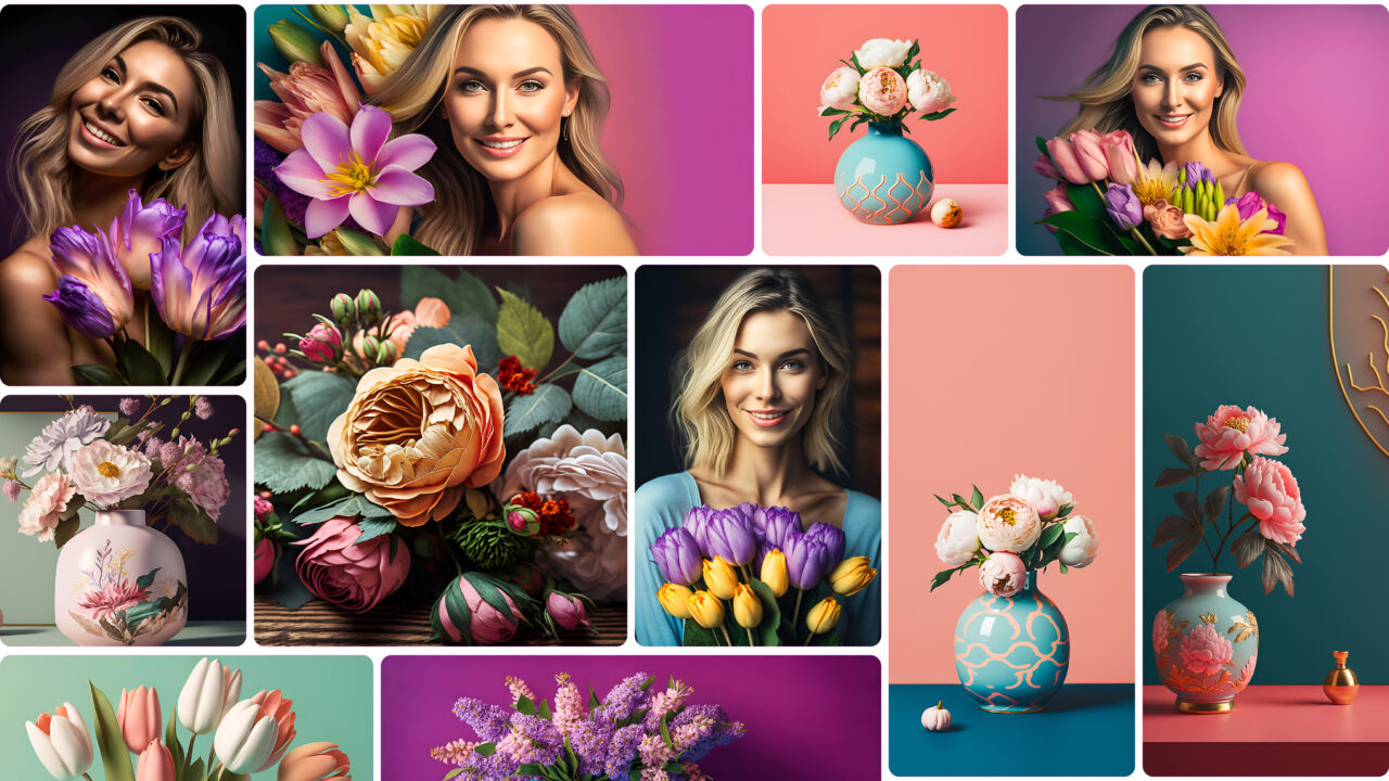 Diverse women of varying ages and skin tones, gracefully holding flower bouquets, as well as a delightful selection of vases filled with tulips and other blossoms in both vibrant and pastel color schemes