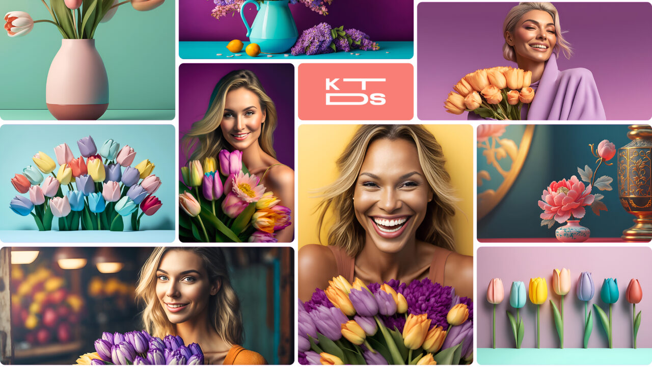 Diverse women of varying ages and skin tones, gracefully holding flower bouquets, as well as a delightful selection of vases filled with tulips and other blossoms in both vibrant and pastel color schemes, and KTDS Logo on salmon colored background