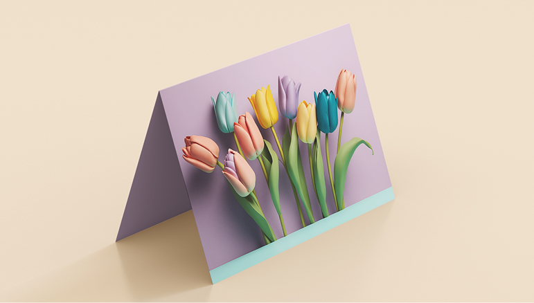 Bright pastel violet postcard with 3d tulips on it standing open on bright beige background