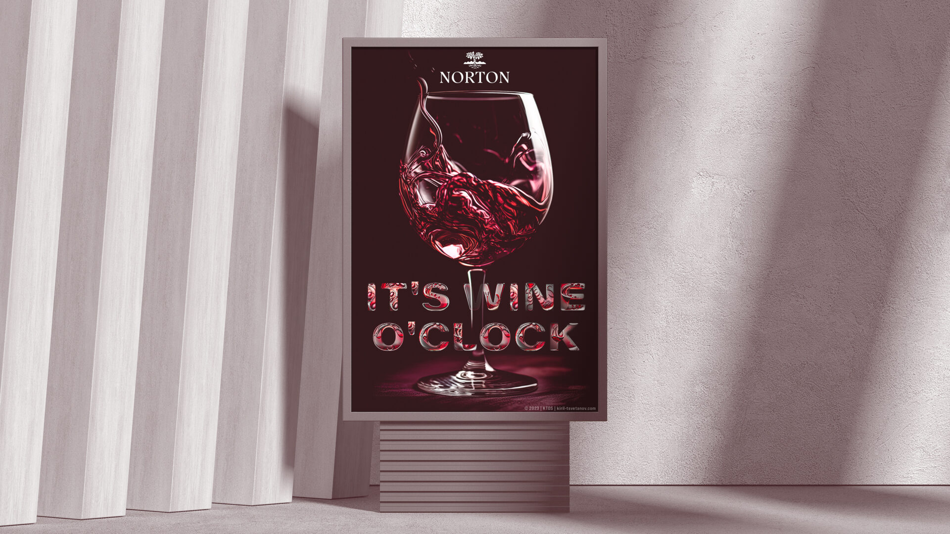 A promo City Lights Poster in front of a concrete wall with burgundy red color scheme. On it the logo of Bodega Norton Winery, a glass of wine and text with wine effect saying It's Wine O'clock.