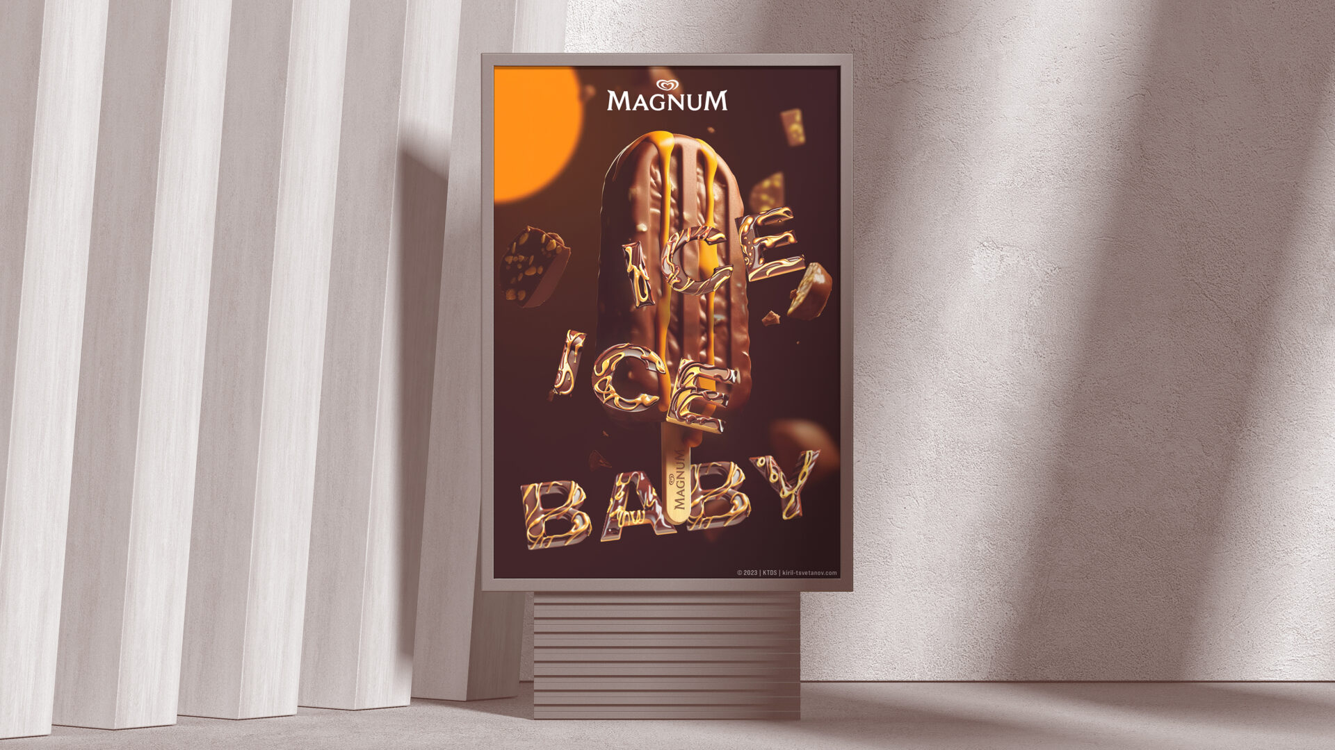 A promo City Lights Poster in front of a concrete wall with bright orange color scheme. On it the logo of Magnum Ice Cream, a chocolade ice on a stick with melted caramel running down on it and text made from chocolade and melted caramel saying Ice Ice Baby