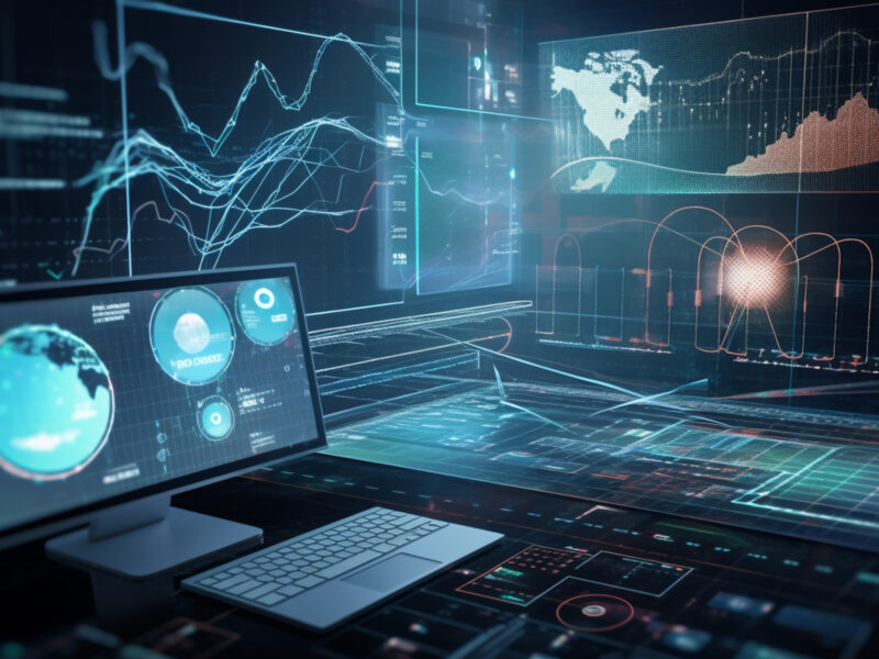 A computer screen displaying AI-generated content, surrounded by various graphs and charts that visuallize SEO performance and capturing the seamless integration of technology and creativity in the world of digital marketing.