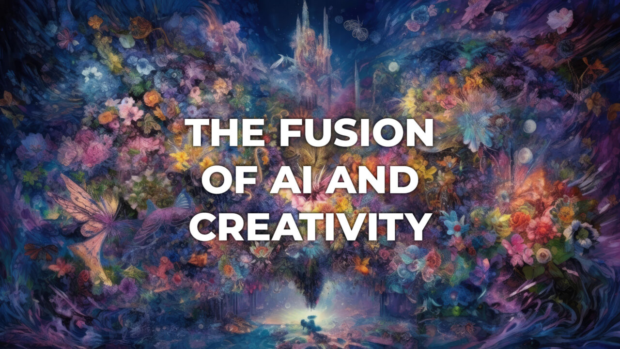 Fantastical dreamscape with text on it saying THE FUSION OF AI AND CREATIVITY