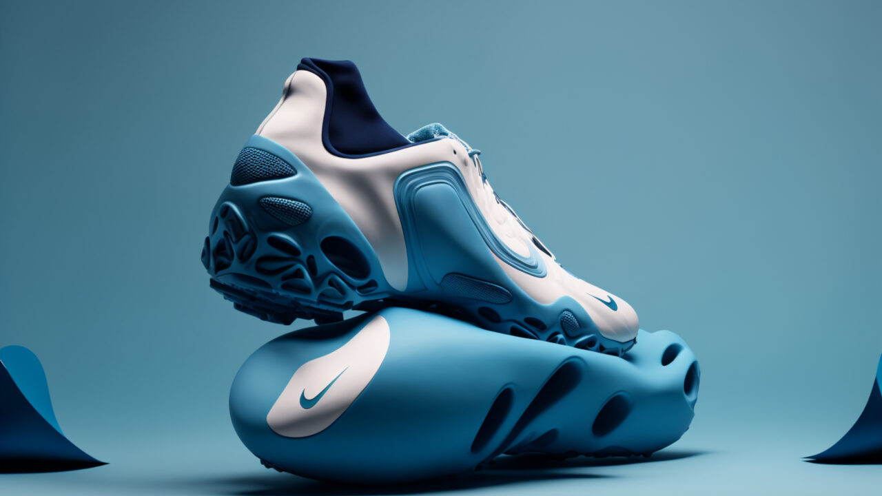 Futuristic blue and white NIKE shoe concept on blue background