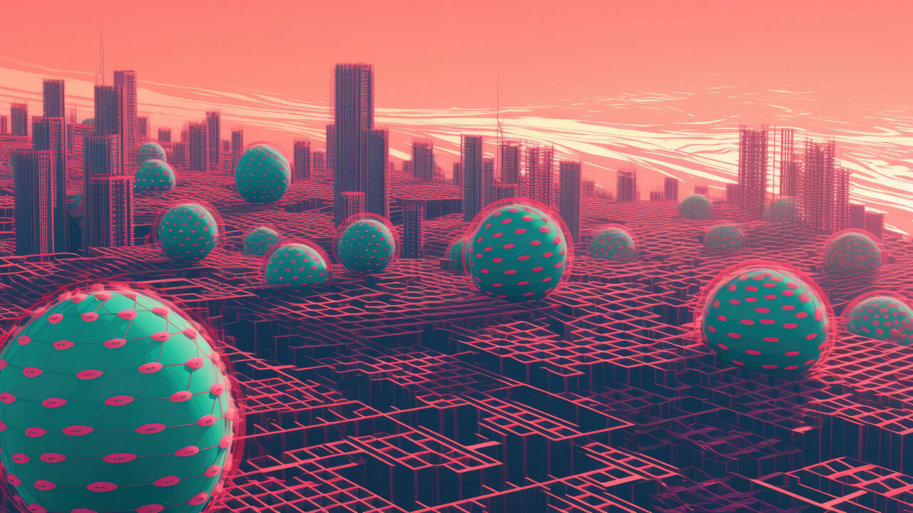 Futuristic cityscape with floating holographic creative spheres collaborating