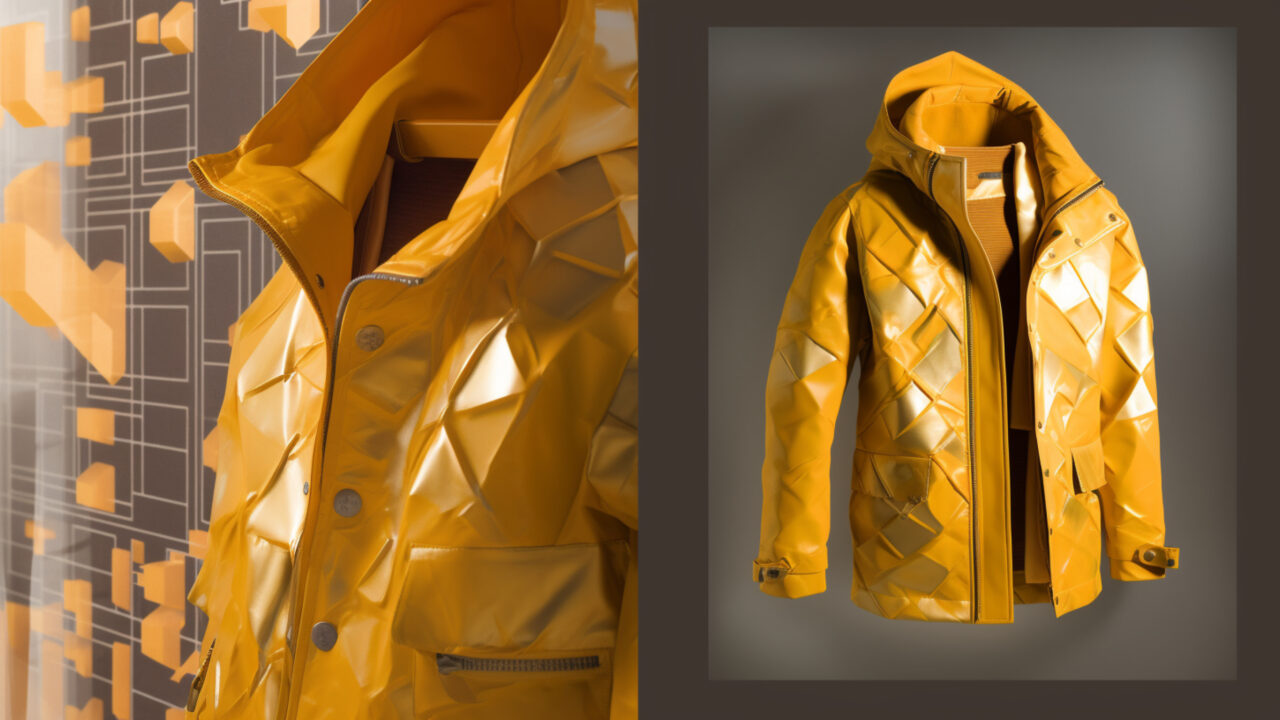 Futuristic yellow jacket concept design from two different angles, one on grey background and the other in front of a geometrical wallpaper in light gray and orange