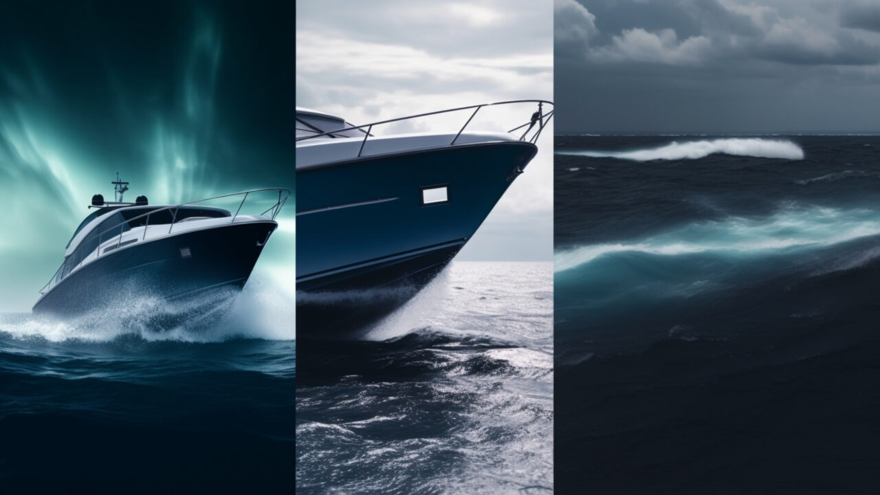 Mood board with three vertical slices for a yacht bussines in dark blue color scheme