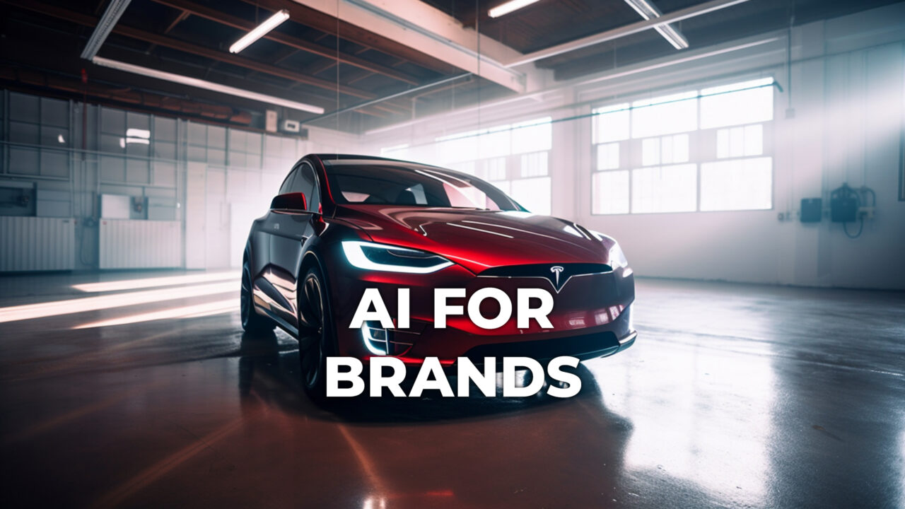 Red Tesla electric vehicle in an industrial warehouse and text saying AI FOR BRANDS