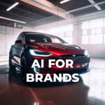 Red Tesla electric vehicle in an industrial warehouse and text saying AI FOR BRANDS