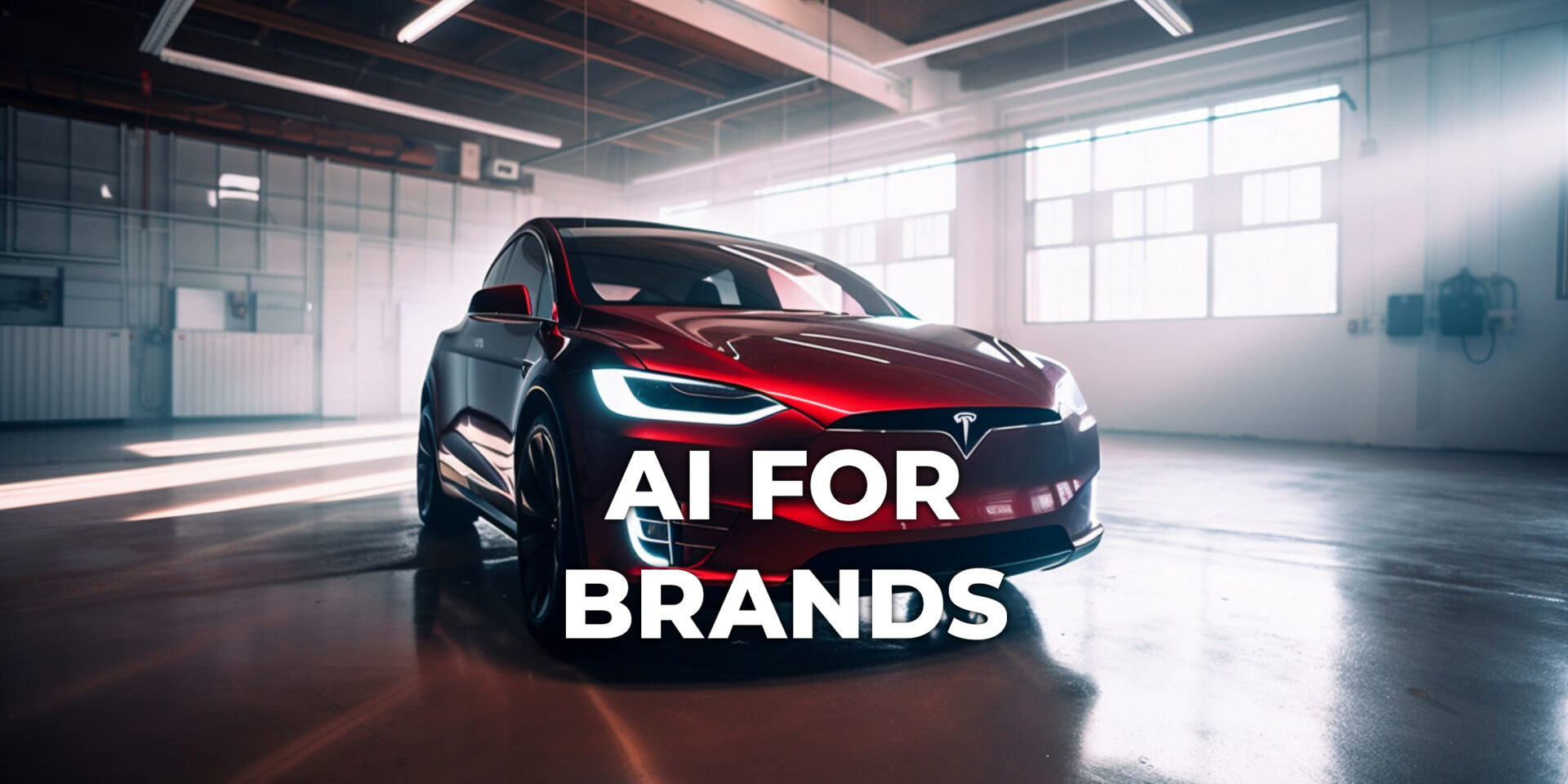 Red Tesla electric vehicle in an industrial warehouse and text saying AI FOR BRANDS