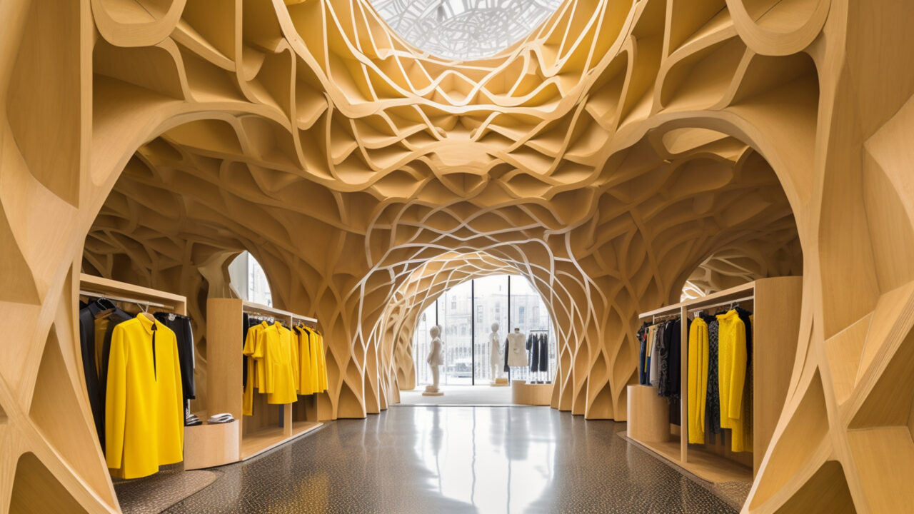 Futuristic retail store interior design with wooden biomorhic structures