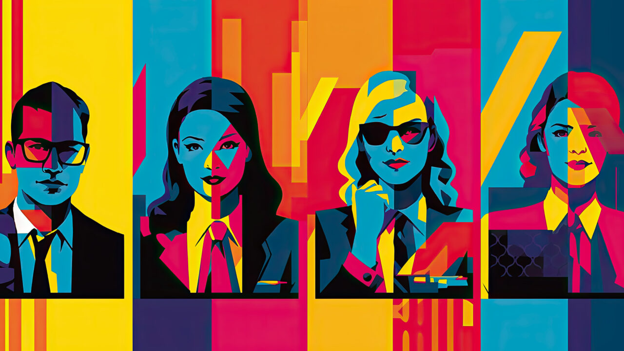 a diverse team of skilled designers in a vibrant pop-art style, high contrast, iconic