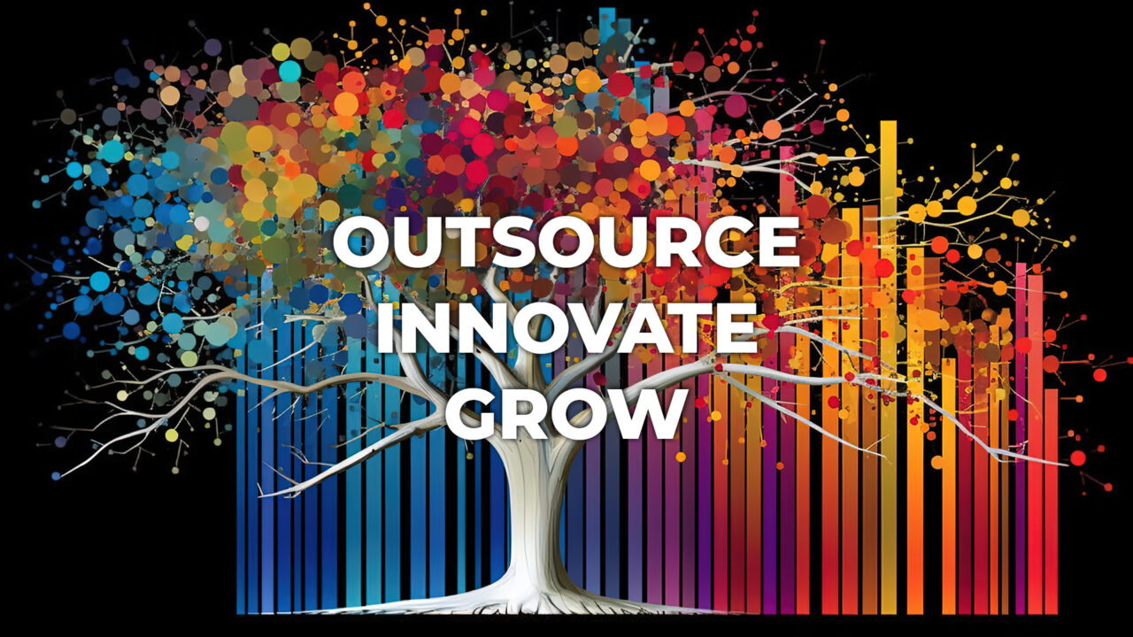 Large tree with bar graph branches, Colorful palettes as leaves, text saying outsource, innovate, grow