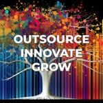 Large tree with bar graph branches, Colorful palettes as leaves, text saying outsource, innovate, grow