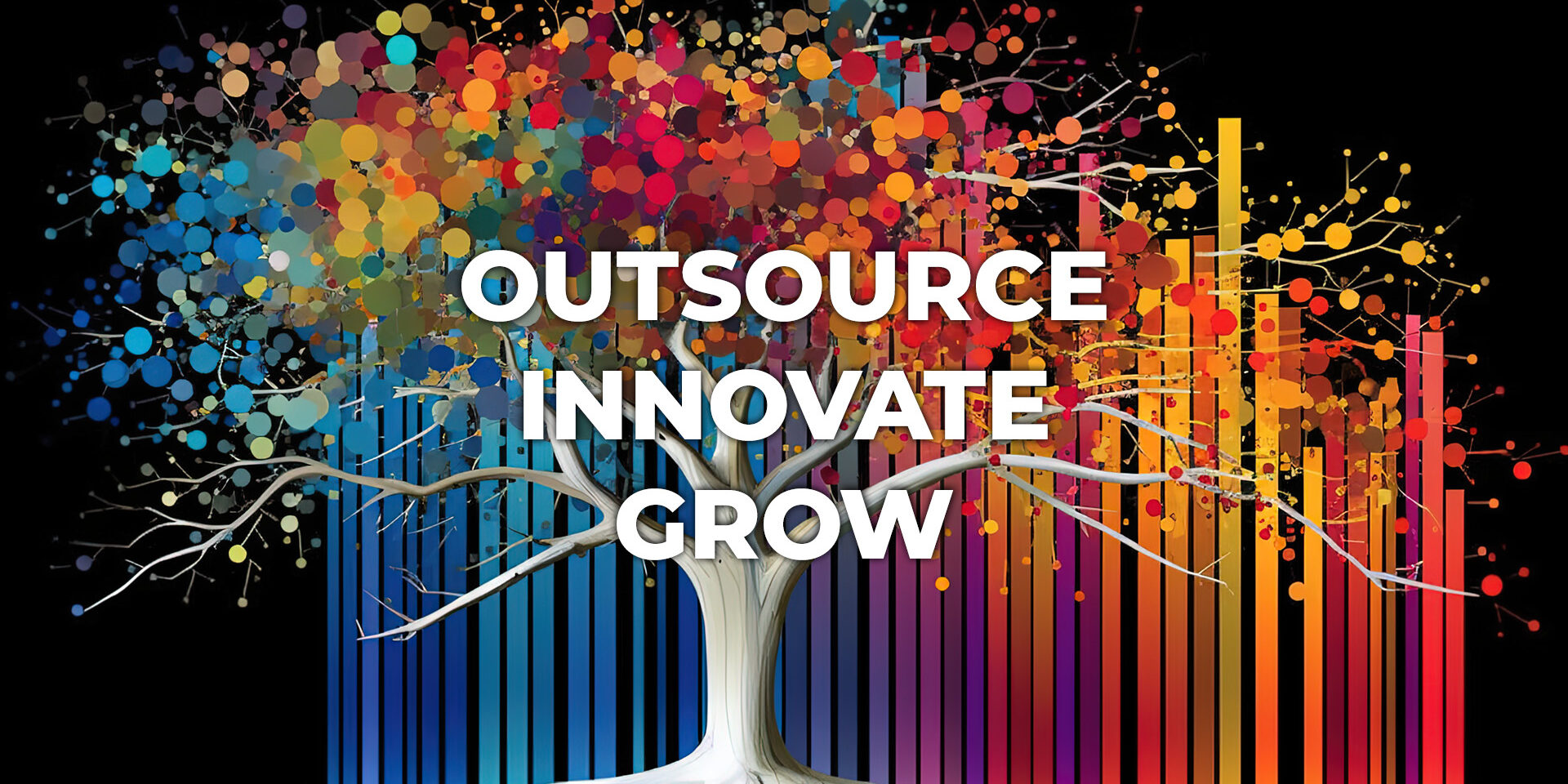 Large tree with bar graph branches, Colorful palettes as leaves, text saying outsource, innovate, grow