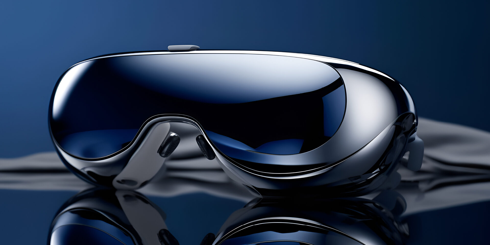 High-End Mixed Reality Headset on Reflecting Surface and Blue Background
