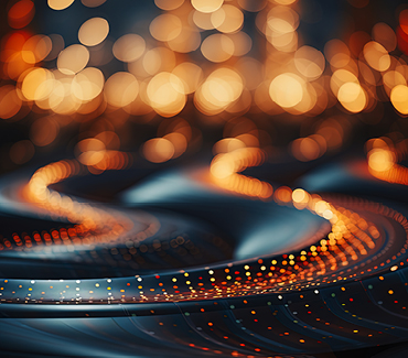 Spiraling light trails with glowing orange and golden bokeh dots, gracefully winding on a deep blue background, creating a mesmerizing, luminous pattern.