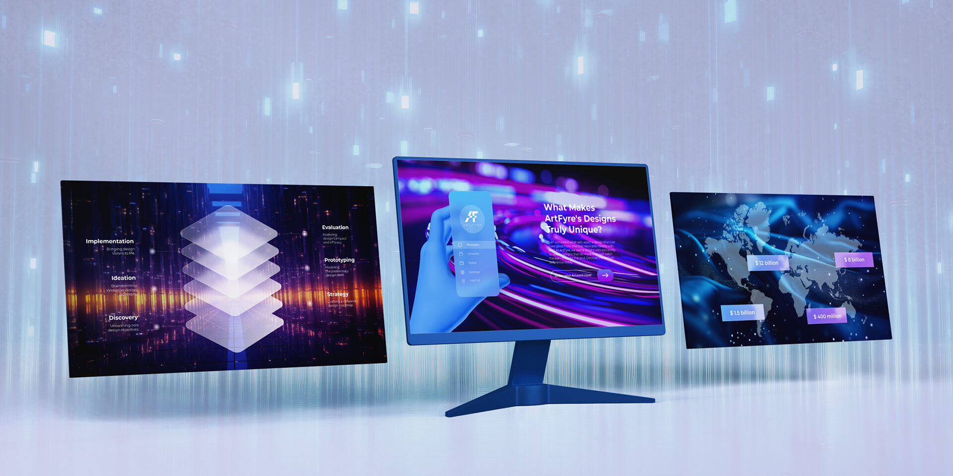 Three digital displays showcasing a design process roadmap, a user interface for a design application, and a global financial projection map in a digital environment with matrix-like code rain.