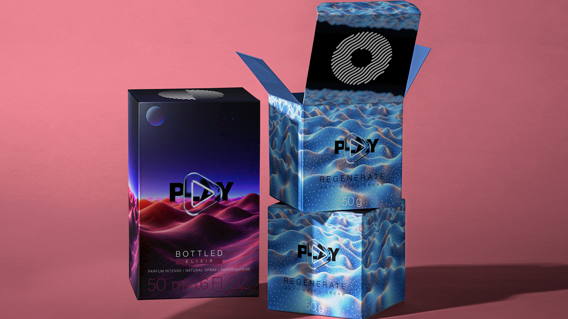 Elegantly designed packaging by Kiril Tsvetanov Design Studio showcasing the PL△Y Elixir perfume in a box with vivid neon landscapes, juxtaposed with the PL△Y Regenerate anti-aging cream box featuring a mesmerizing blue generative AI pattern against a soft pink background.