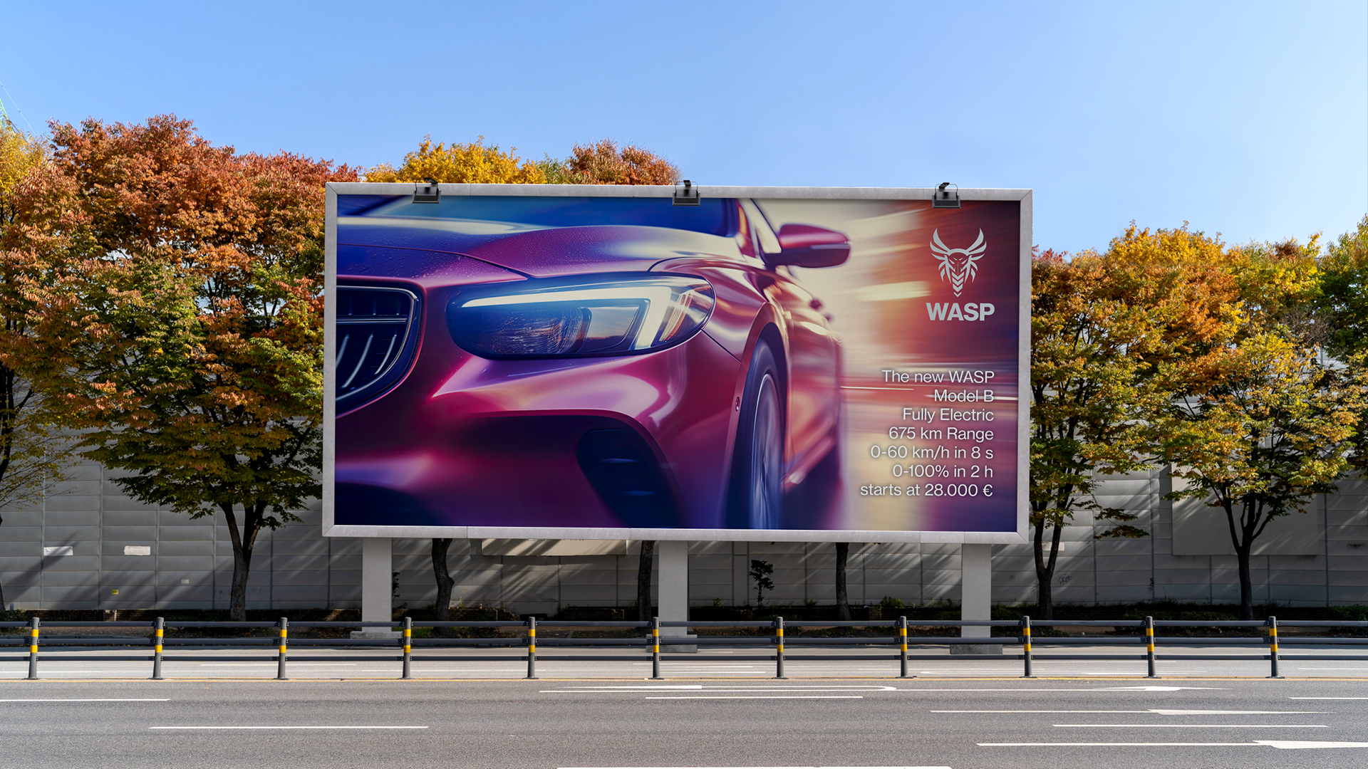 Electric car advertisement billboard showcasing a vibrant close-up of the WASP Model-B's headlights and distinctive logo. The billboard highlights key features such as the car's fully electric nature, impressive range, and performance statistics. The advertisement stands out prominently against a serene city scene with autumn trees in full color.