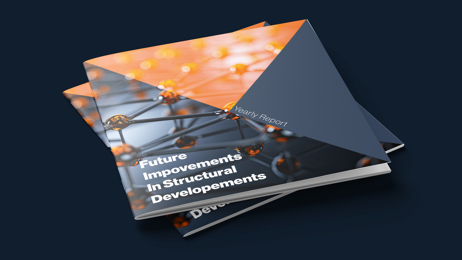 3D rendered image of a stacked 'Yearly Report' booklet highlighting 'Future Improvements in Structural Developments' with an abstract molecular design featuring glowing orange nodes interconnected by silver lines against a deep blue background.