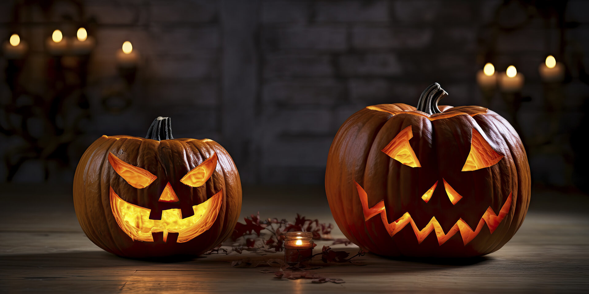 Two illuminated jack-o'-lanterns with carved faces, set against a rustic backdrop with candles and autumn leaves, emanating a warm Halloween glow