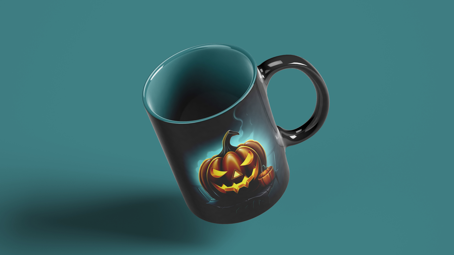 Black ceramic mug on a teal background featuring an illuminated Halloween pumpkin with a glowing face, set against a moody, dark backdrop. The mug has a glossy finish and is angled to display both the inside and the outer design.