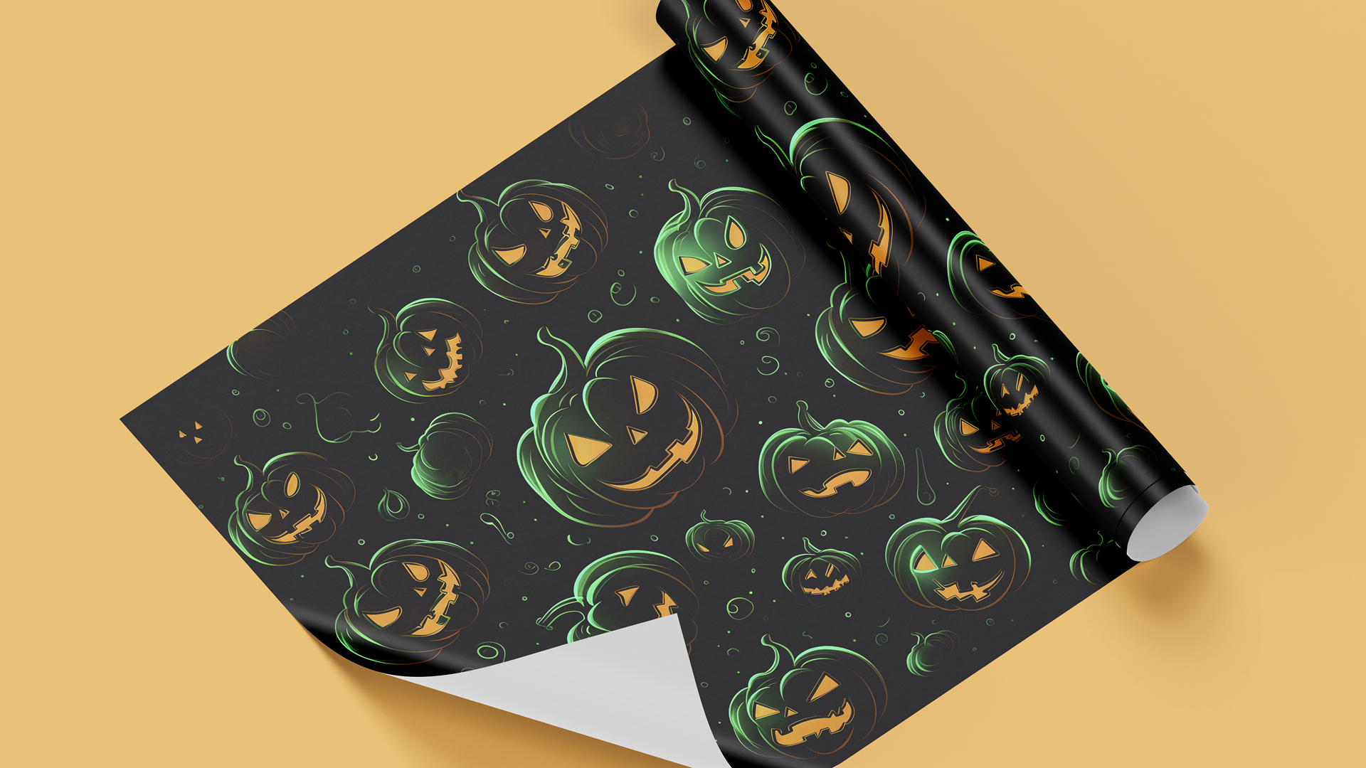 A partially unrolled sheet of Halloween-themed wrapping paper set against a soft yellow background. The dark paper features a repeating pattern of vibrant, glowing green jack-o'-lanterns with various expressive faces. Swirling wisps and small droplets surround the pumpkins, enhancing the eerie ambiance. The design is modern, with the pumpkins appearing as if they are radiating light from within.