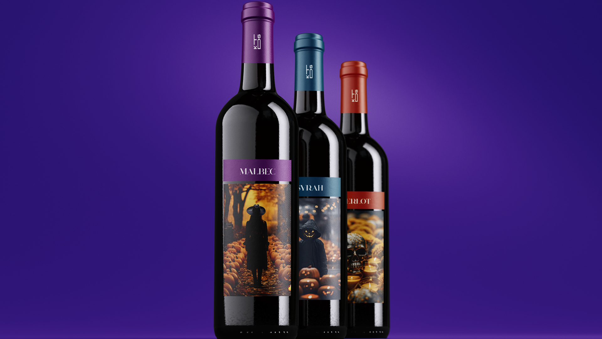 Three upright wine bottles set against a deep purple background. From left to right: A bottle labeled 'MALBEC' with a purple cap and a label depicting a shadowy figure standing amidst a field of pumpkins. The middle bottle, labeled 'SYRAH', has a teal cap and features an image of a mysterious hooded figure with glowing eyes amongst carved jack-o-lanterns. The third bottle is labeled 'MERLOT', has an orange cap, and its label shows a close-up of ornate, festive pumpkins. Each bottle has a sleek, modern design with elegant typography.