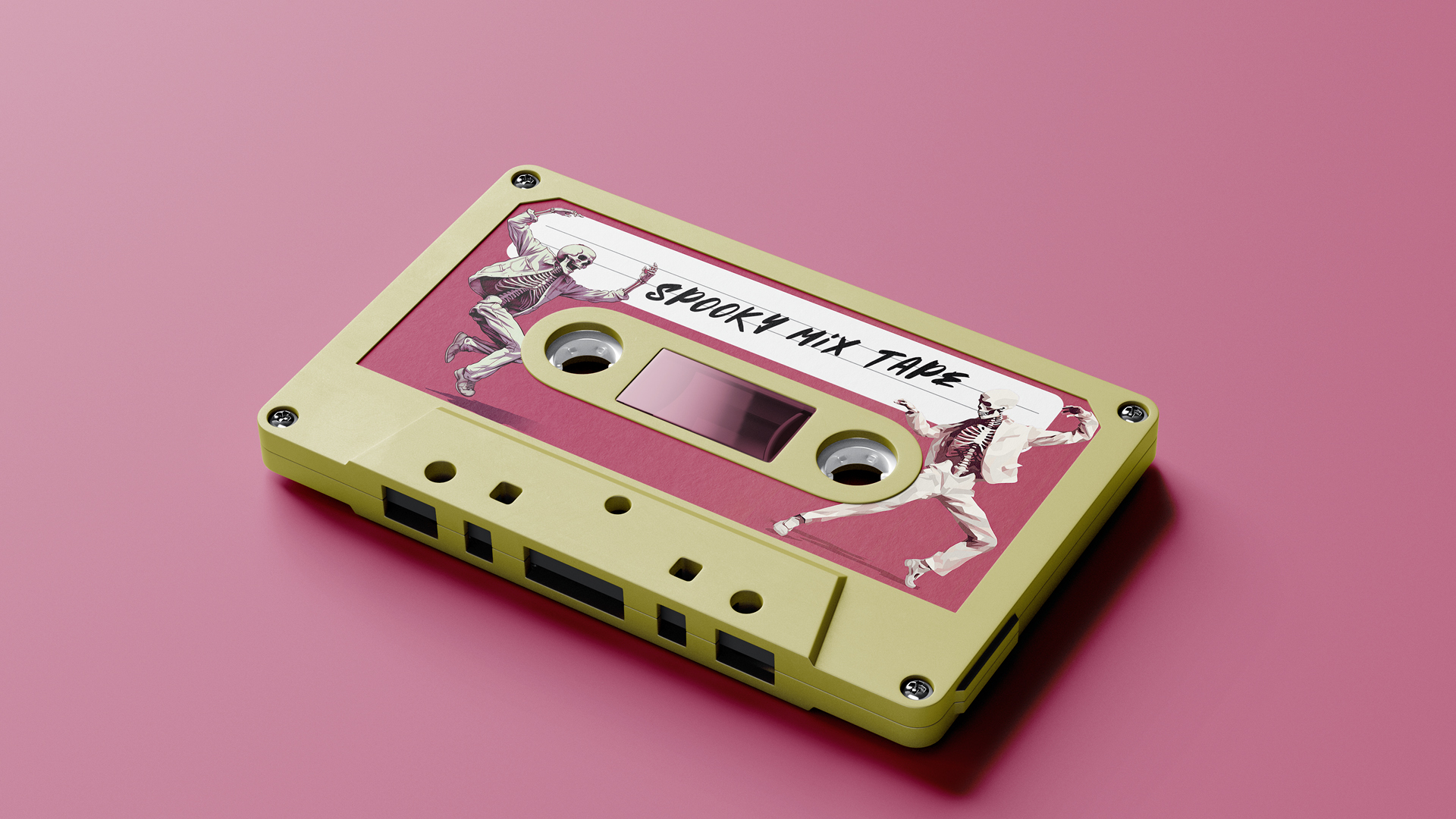 A cream-colored cassette tape labeled 'SPOOKY MIX TAPE' with illustrations of two dancing skeletons on a vibrant pink background.