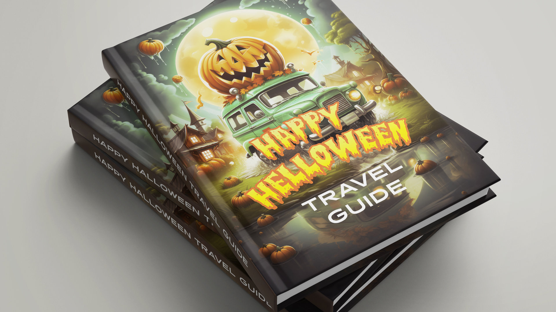 Stack of 'Happy Halloween Travel Guide' books with a vibrant cover featuring a classic green car in front of a haunted house, a large moon with a carved pumpkin face, and floating jack-o'-lanterns, all set against a twilight backdrop.