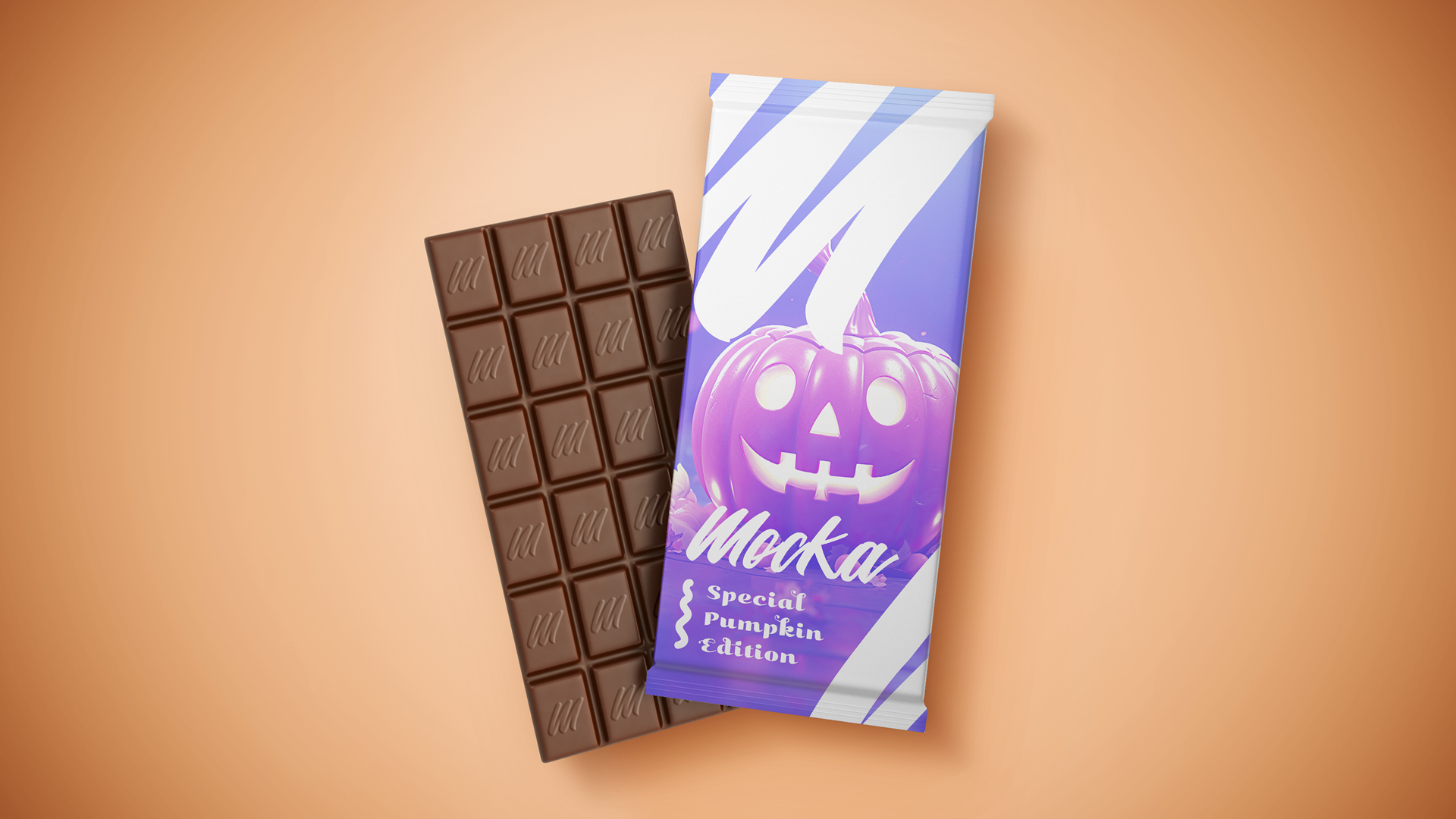 Chocolate bar with 'Special Pumpkin Edition' packaging, featuring a purple design with a smiling pumpkin illustration, next to a partially revealed milk chocolate bar against a peach background.