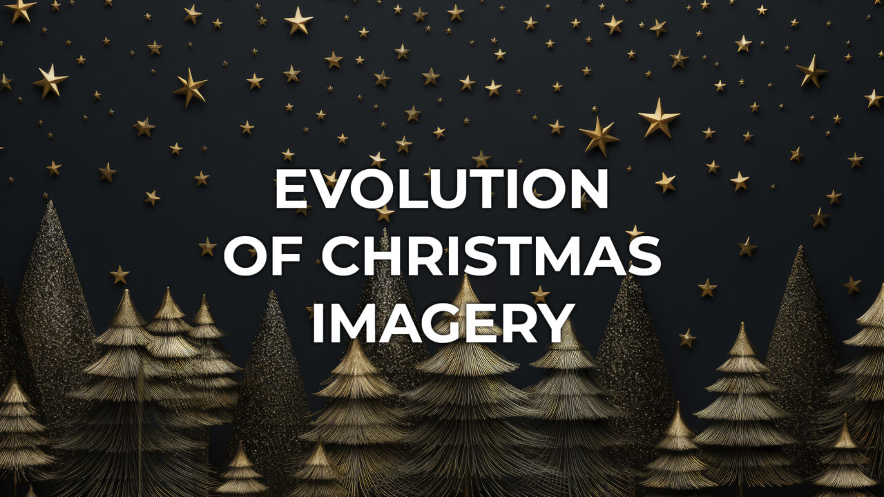 Elegant Christmas trees with golden stars on a dark background with the text 'Evolution of Christmas Imagery', merging traditional and modern festive themes.