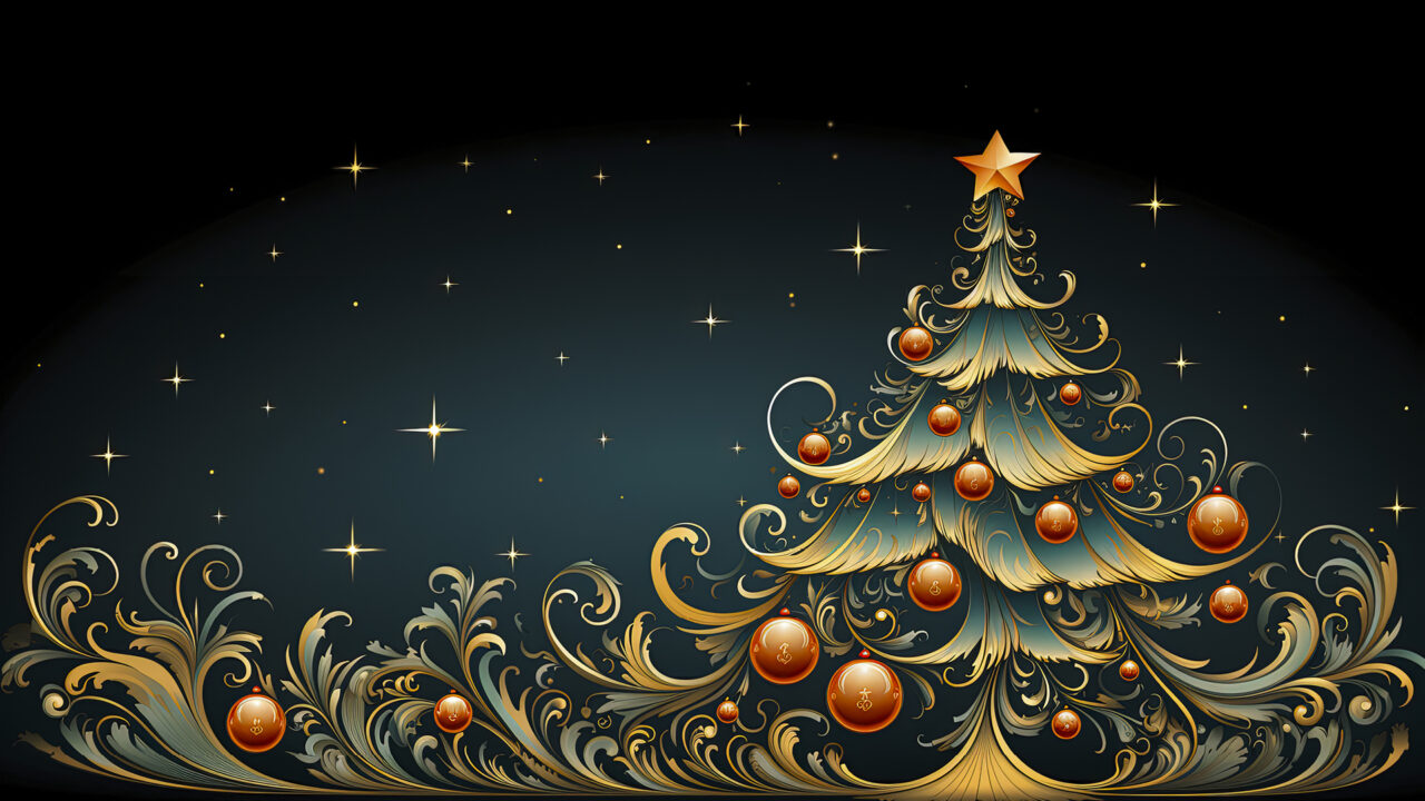 Ornate Christmas tree with intricate golden swirls and vintage orange baubles, set against a starlit night, capturing the essence of traditional Christmas decor.