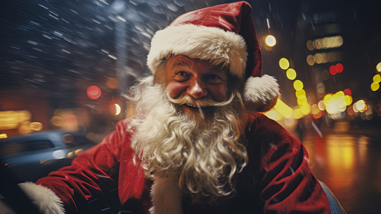 Jolly Santa Claus with a twinkling eye and a hearty smile on a city street at night, bridging the warmth of Christmas with the urban setting.