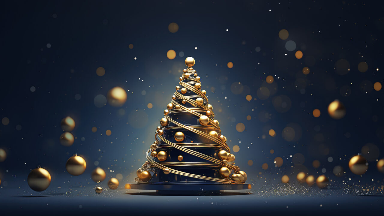 Sleek modern Christmas tree with golden swirls and baubles against a starry night backdrop, embodying contemporary holiday design.